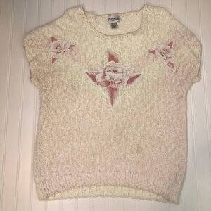 Partners by Mervyn's Ivory Short Sleeve Floral Knit Sweater Large Pearl Detail